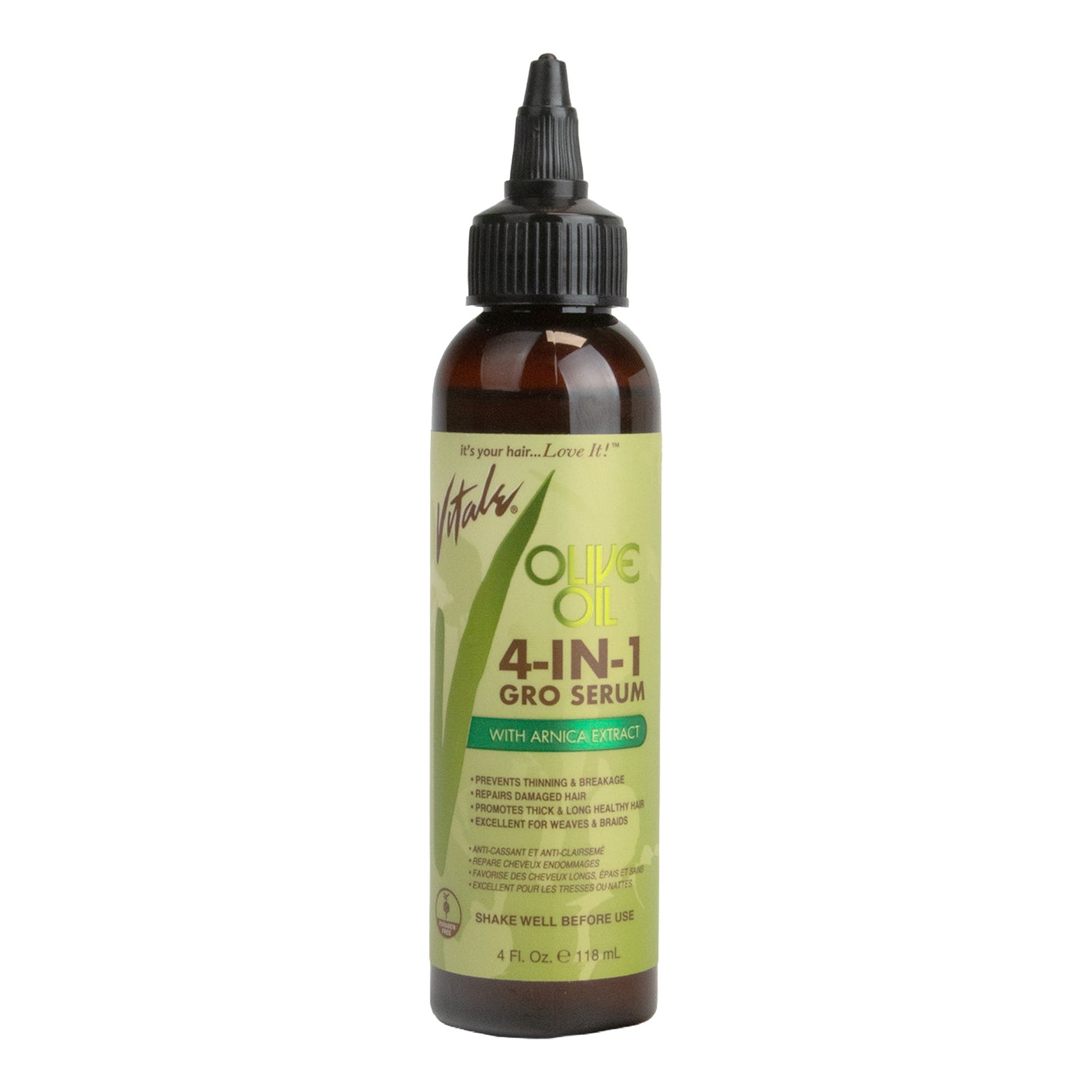 Bottle of 4-IN-1 Gro Serum with olive oil on a white background