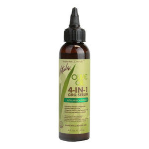 Bottle of 4-IN-1 Gro Serum with olive oil on a white background
