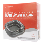 Box of a portable inflatable hair wash basin with a red background and black basin illustration.