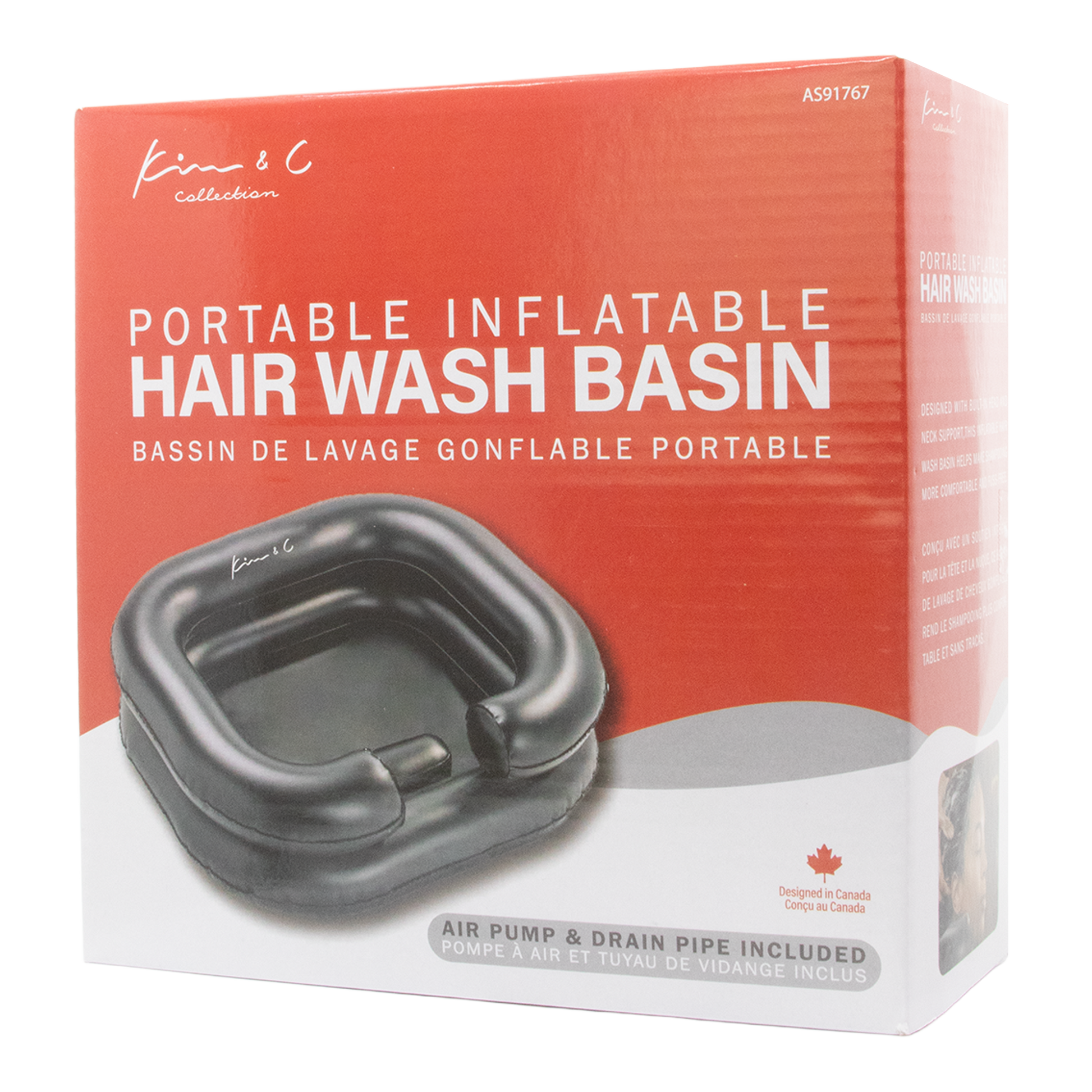 Box of a portable inflatable hair wash basin with a red background and black basin illustration.