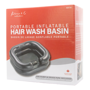 Box of a portable inflatable hair wash basin with a red background and black basin illustration.