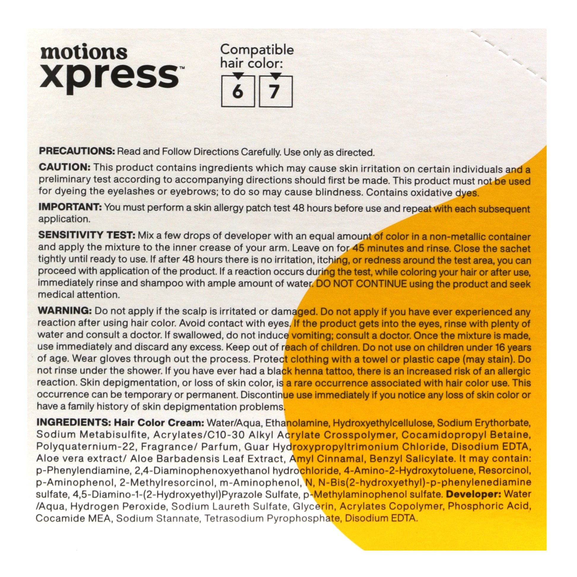 Motions Xpress hair color packaging with text and ingredients list.