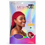 Krim & C Collection One Line Mesh Tube hair extension packaging, featuring a model wearing a red mesh tube headwrap and a purple circular inset showing the raw material.