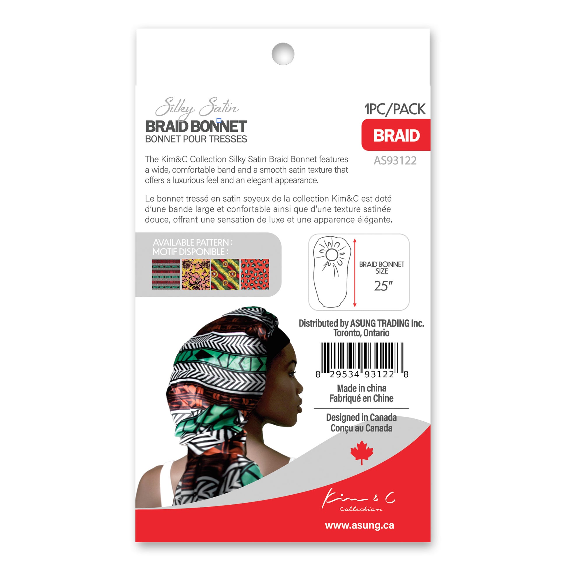 Braid bonnet packaging with a woman wearing a headband on a white background