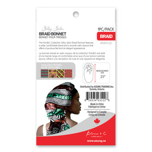 Braid bonnet packaging with a woman wearing a headband on a white background