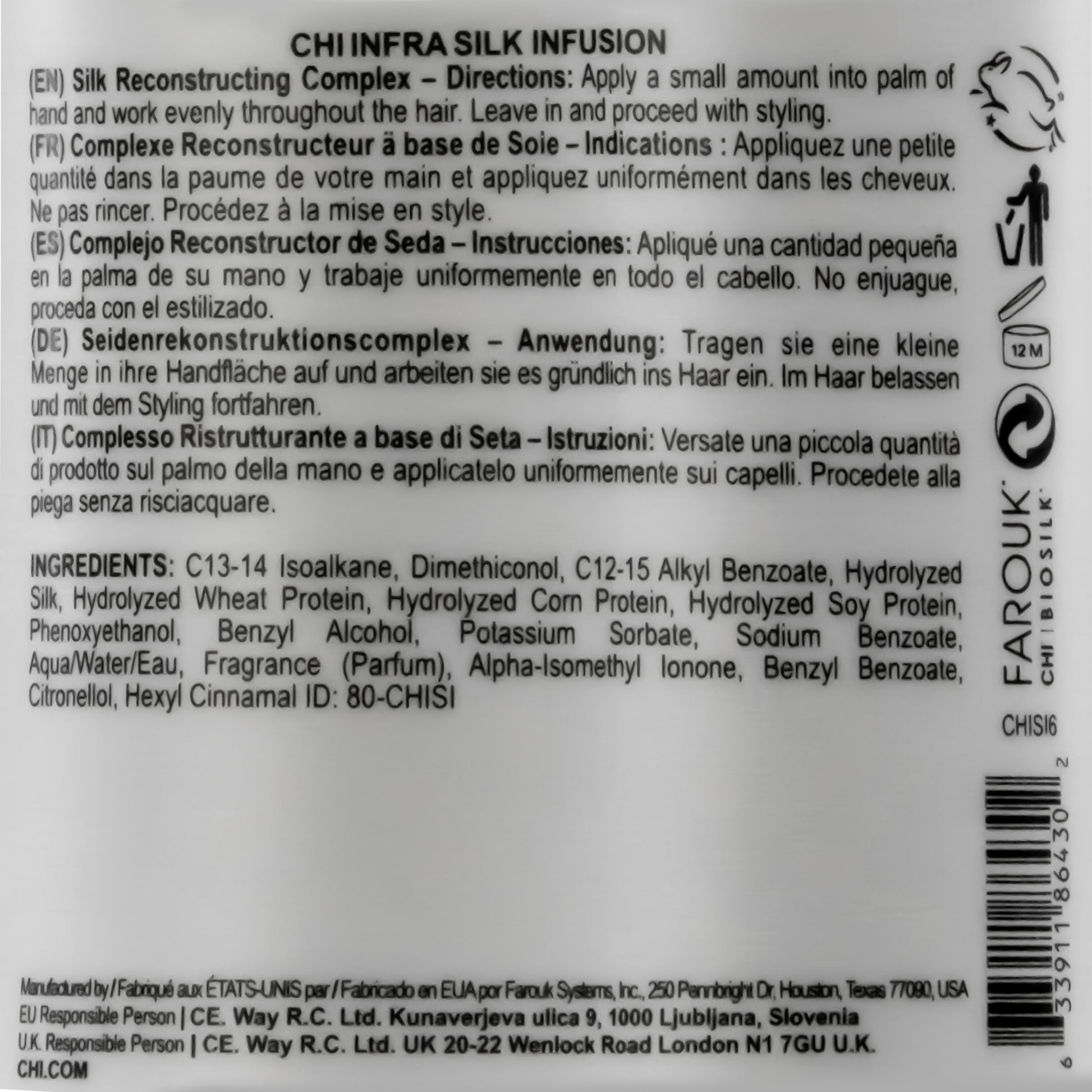 Back label of Farouk CHI Infra Silk Infusion hair product with text and branding.