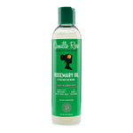A bottle of Camille Rose Rosemary Oil Strengthening Leave-In Conditioner, featuring a green cap and a green label with white text and a black silhouette of a woman with a high ponytail.