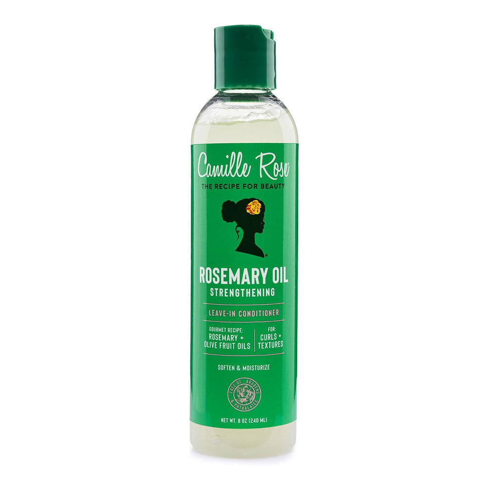 A bottle of Camille Rose Rosemary Oil Strengthening Leave-In Conditioner, featuring a green cap and a green label with white text and a black silhouette of a woman with a high ponytail.