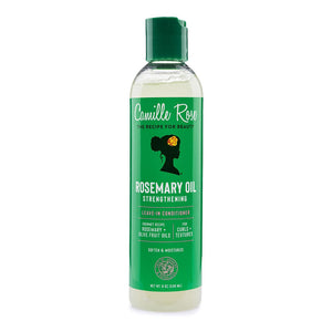 A bottle of Camille Rose Rosemary Oil Strengthening Leave-In Conditioner, featuring a green cap and a green label with white text and a black silhouette of a woman with a high ponytail.