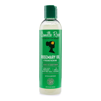 A bottle of Camille Rose Rosemary Oil Strengthening Leave-In Conditioner, featuring a green cap and a green label with white text and a black silhouette of a woman with a high ponytail.