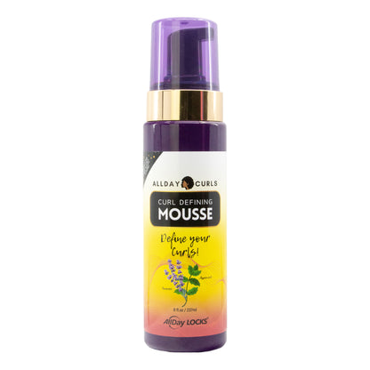 Bottle of AllDay Curls Curl Defining Mousse with gradient label on a white background