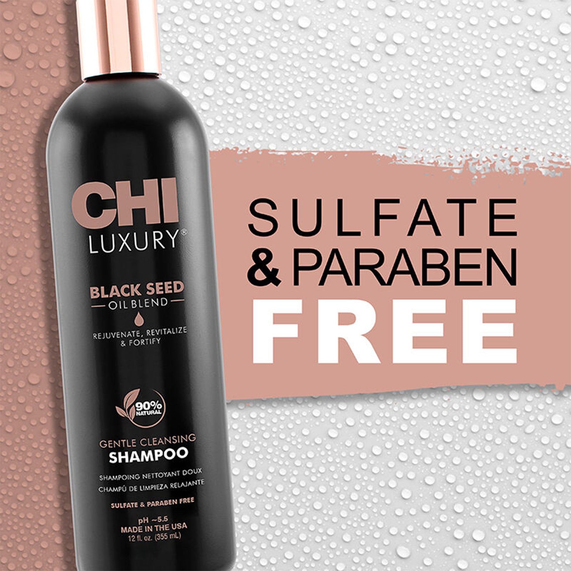 Chi Luxury Black Seed Oil Blend shampoo bottle with sulfate and paraben free text on a textured background