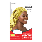 Gold treatment cap with a model wearing it on a white background