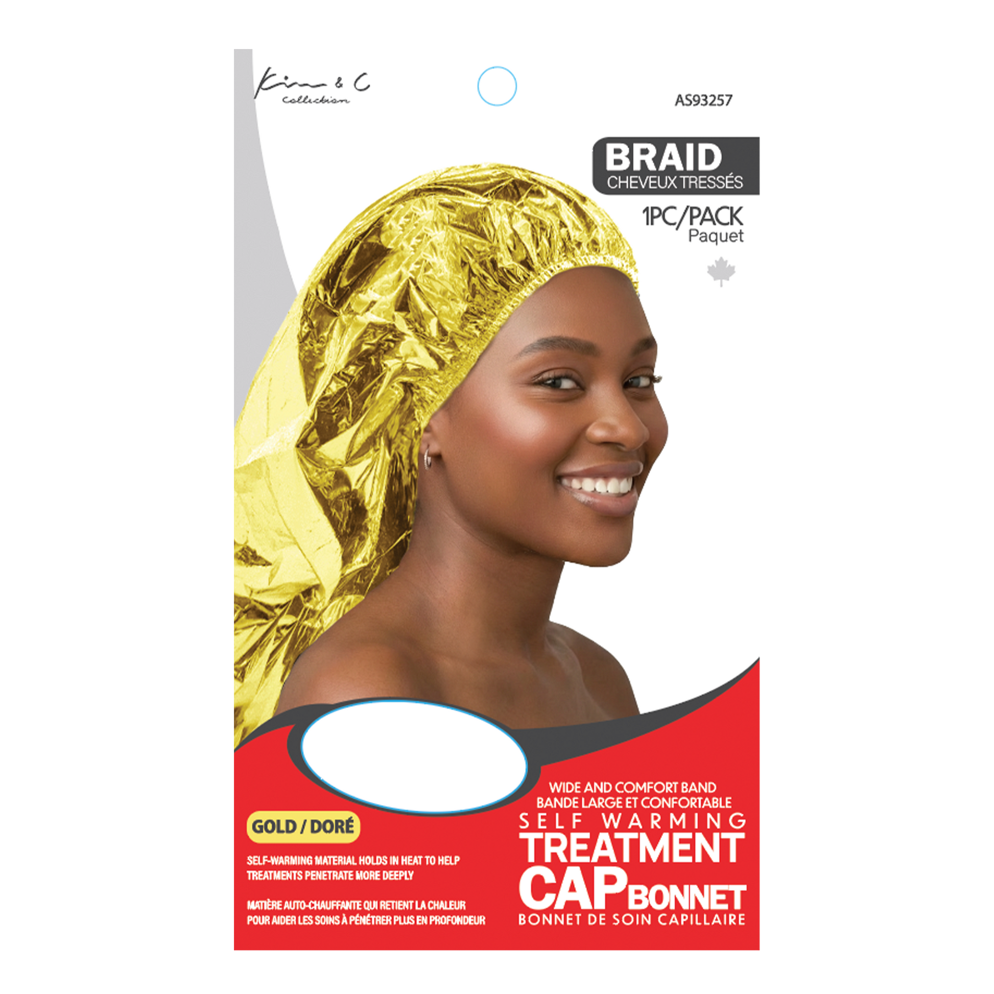 Gold treatment cap with a model wearing it on a white background