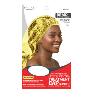 Gold treatment cap with a model wearing it on a white background