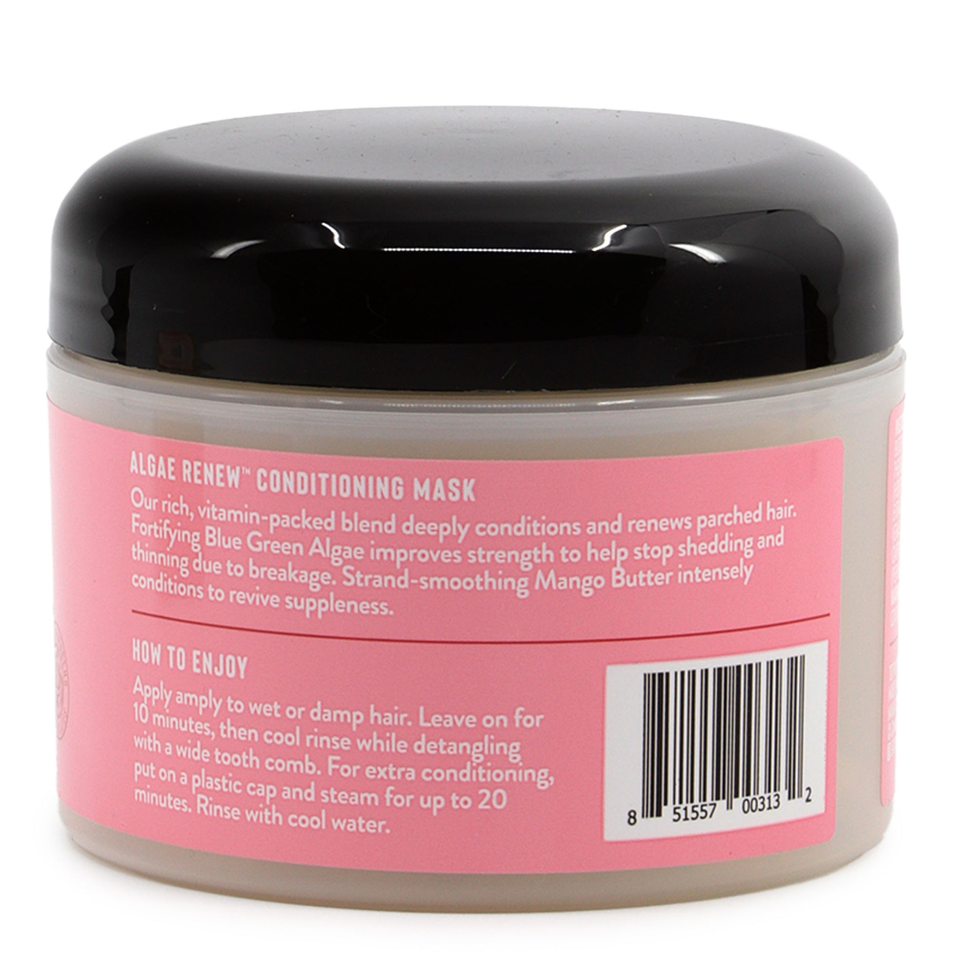 Back view of a jar of Aloe Renew Conditioning Mask with pink label and black lid.