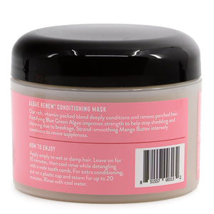 Back view of a jar of Aloe Renew Conditioning Mask with pink label and black lid.