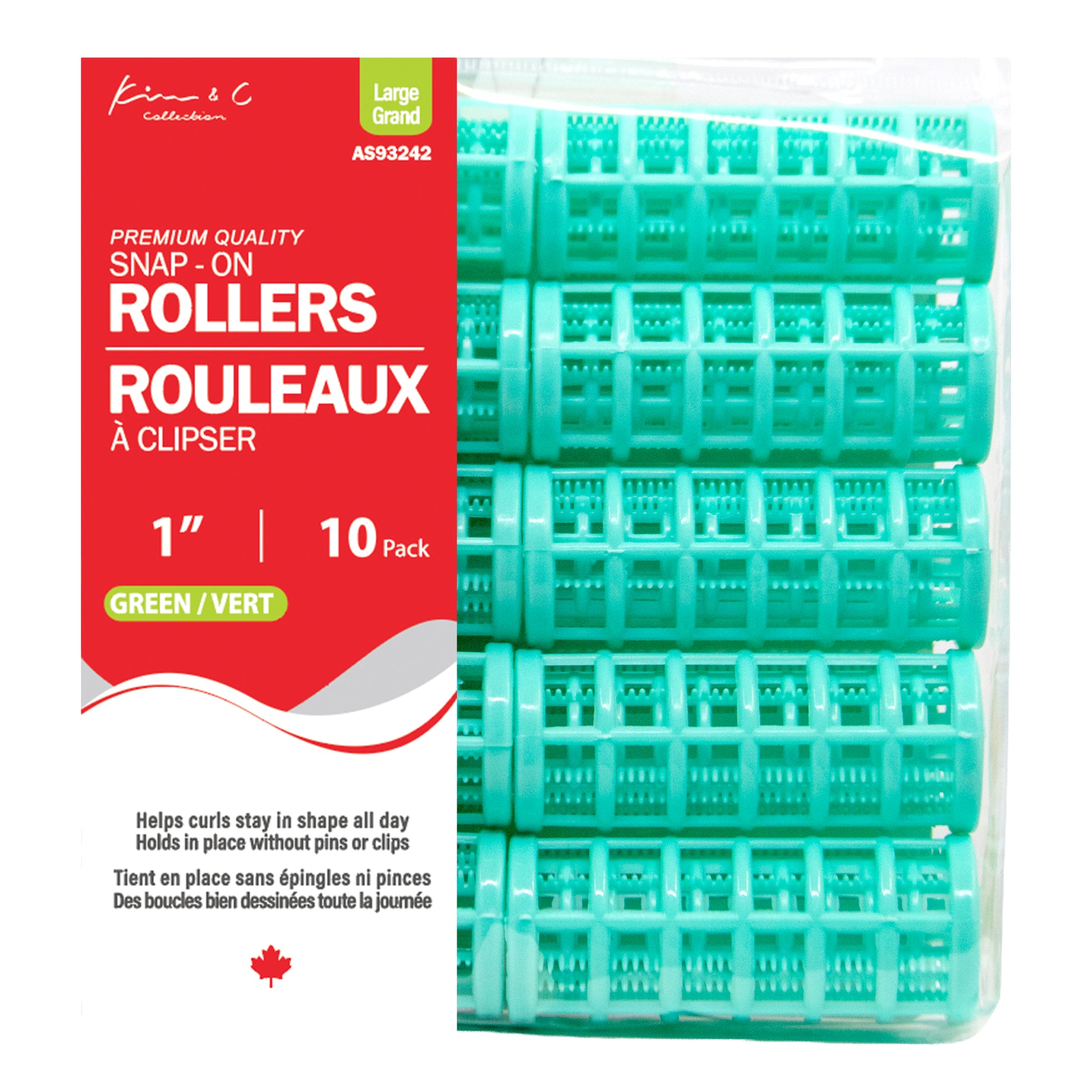 Pack of green hair rollers with red packaging on a white background