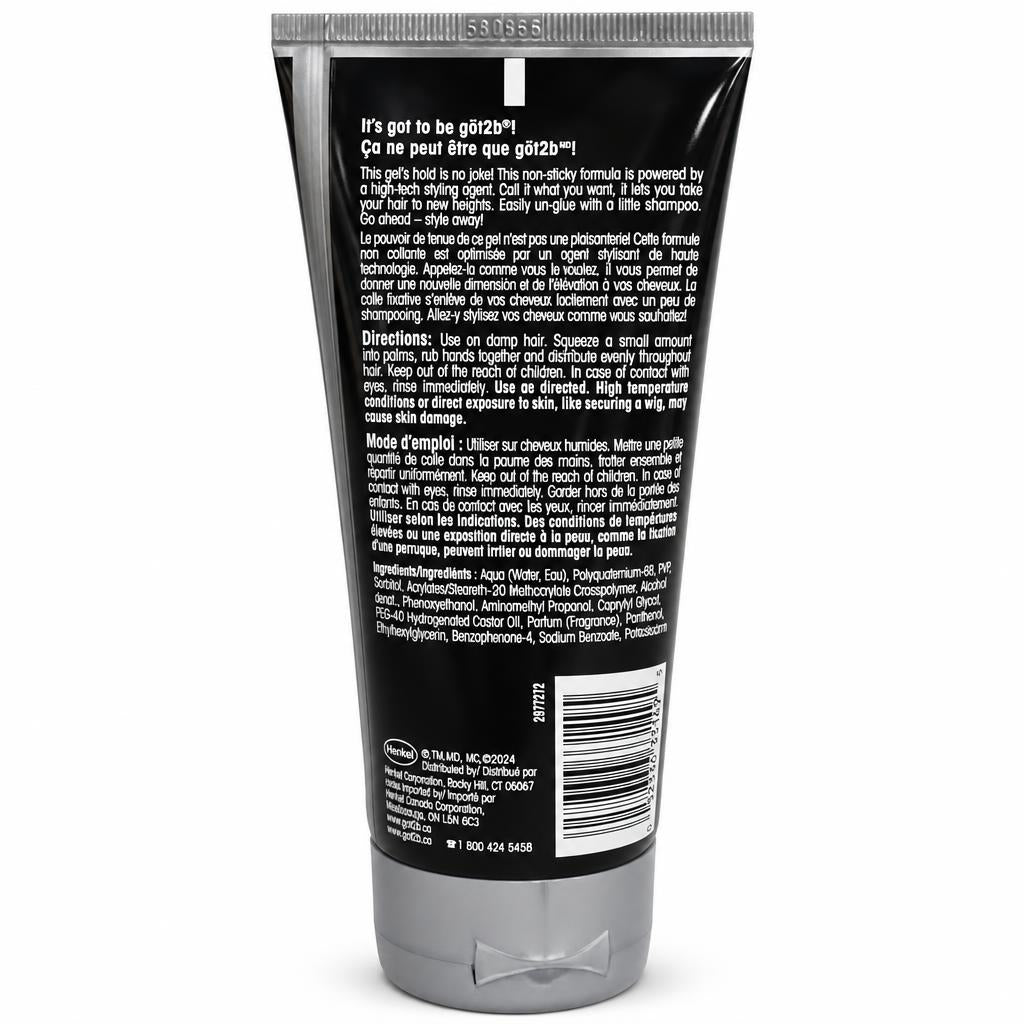 The back of a black squeeze tube of Access Hair Glue, showing product details, directions, and a barcode on a white background.
