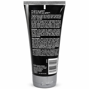 The back of a black squeeze tube of Access Hair Glue, showing product details, directions, and a barcode on a white background.