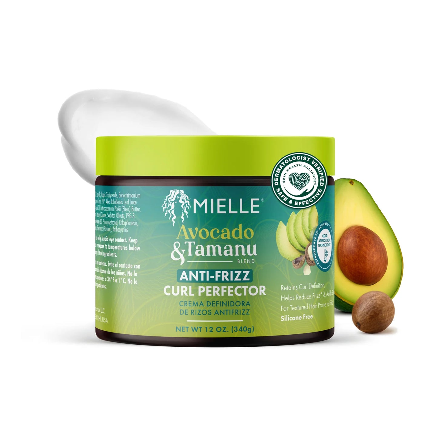 Mielle Avocado & Tamanu Anti-Frizz Curl Perfector jar with an avocado on a white background