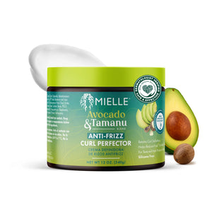 Mielle Avocado & Tamanu Anti-Frizz Curl Perfector jar with an avocado on a white background