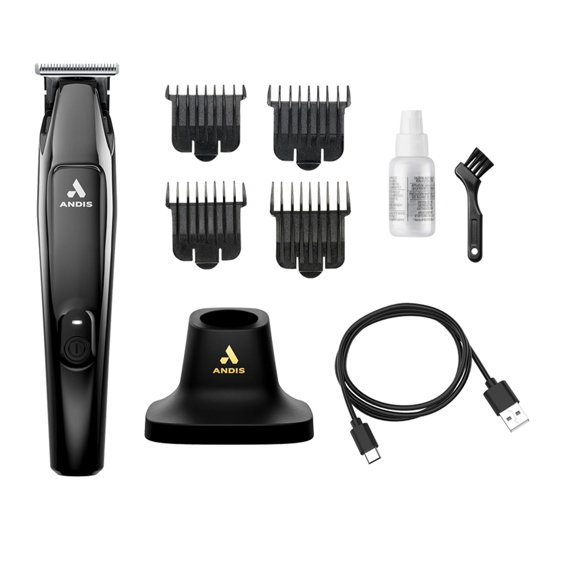 Andis hair trimmer set with attachments and accessories on a white background
