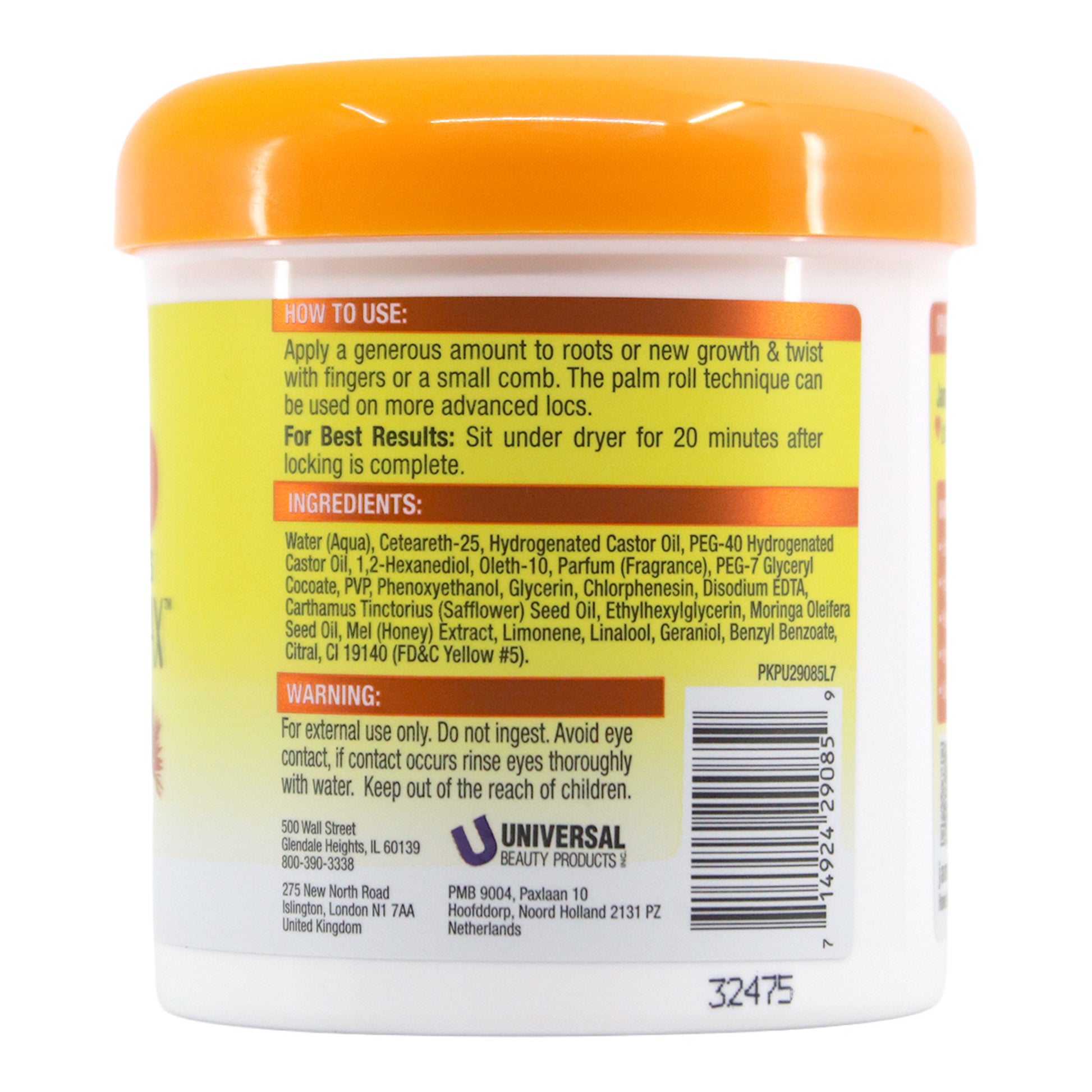 Back label of a hair care product jar with text and ingredients on a white background