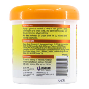 Back label of a hair care product jar with text and ingredients on a white background
