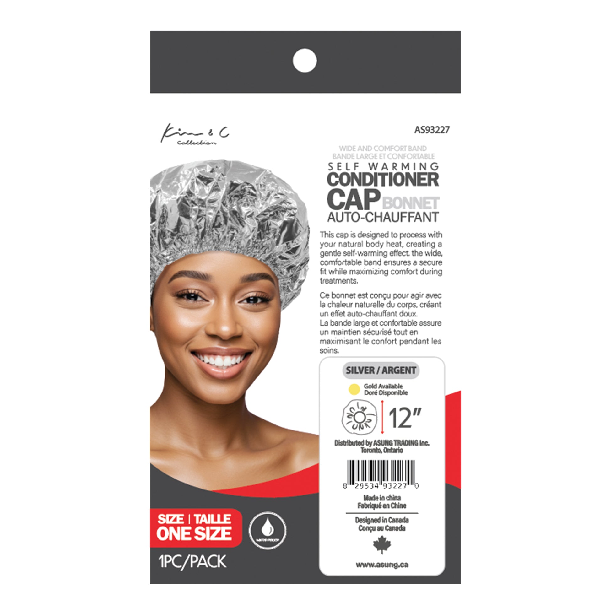 Self-warming conditioner cap packaging with a model wearing the cap on a white background