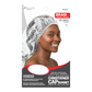 Cap bonnet packaging with a model wearing it on a white background