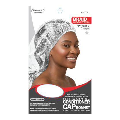 Cap bonnet packaging with a model wearing it on a white background