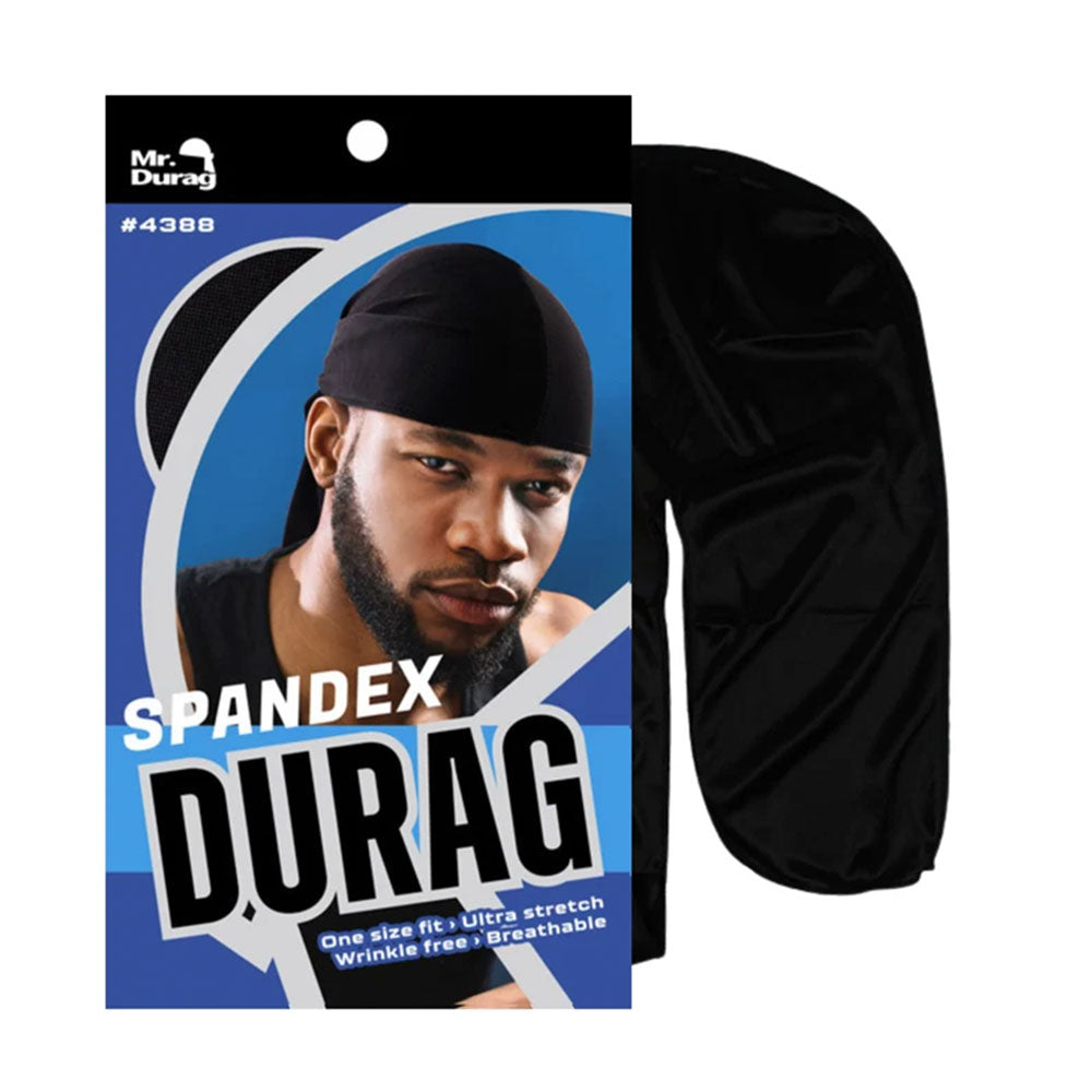 Mr. Durag Spandex Durag in black, shown next to its retail packaging card on a plain white background.
