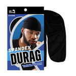 Mr. Durag Spandex Durag in black, shown next to its retail packaging card on a plain white background.