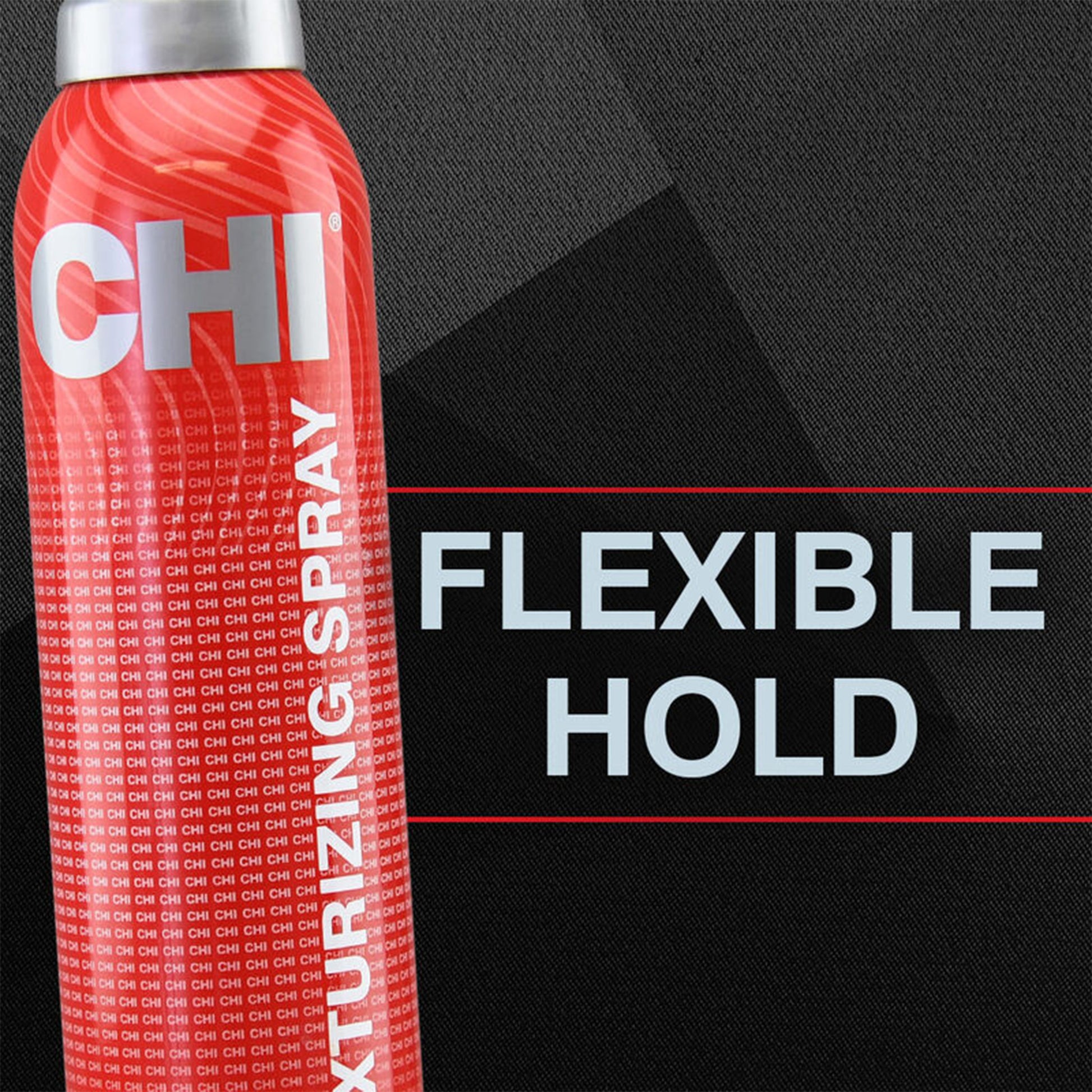 Red can of CHI hair spray with 'Flexible Hold' text on a black background