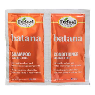 Two orange shampoo and conditioner packets from Difeel on a white background