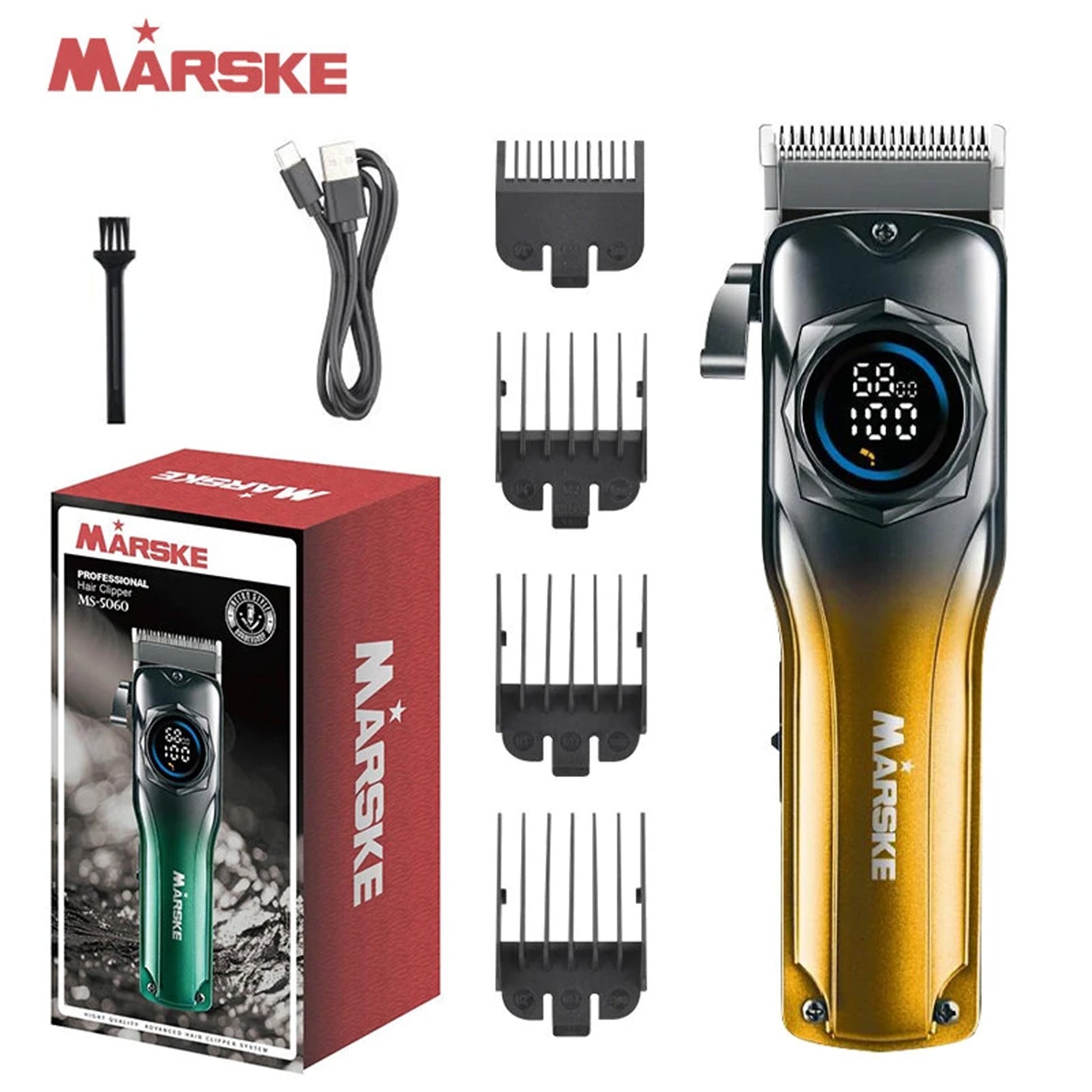 Marske hair trimmer set with packaging, attachments, and cable on a white background