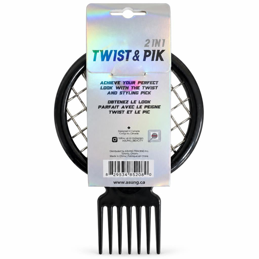 A 2-in-1 Twist & Pik hair styling tool in black plastic, shown hanging from its iridescent retail card packaging against a white background.