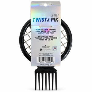A 2-in-1 Twist & Pik hair styling tool in black plastic, shown hanging from its iridescent retail card packaging against a white background.