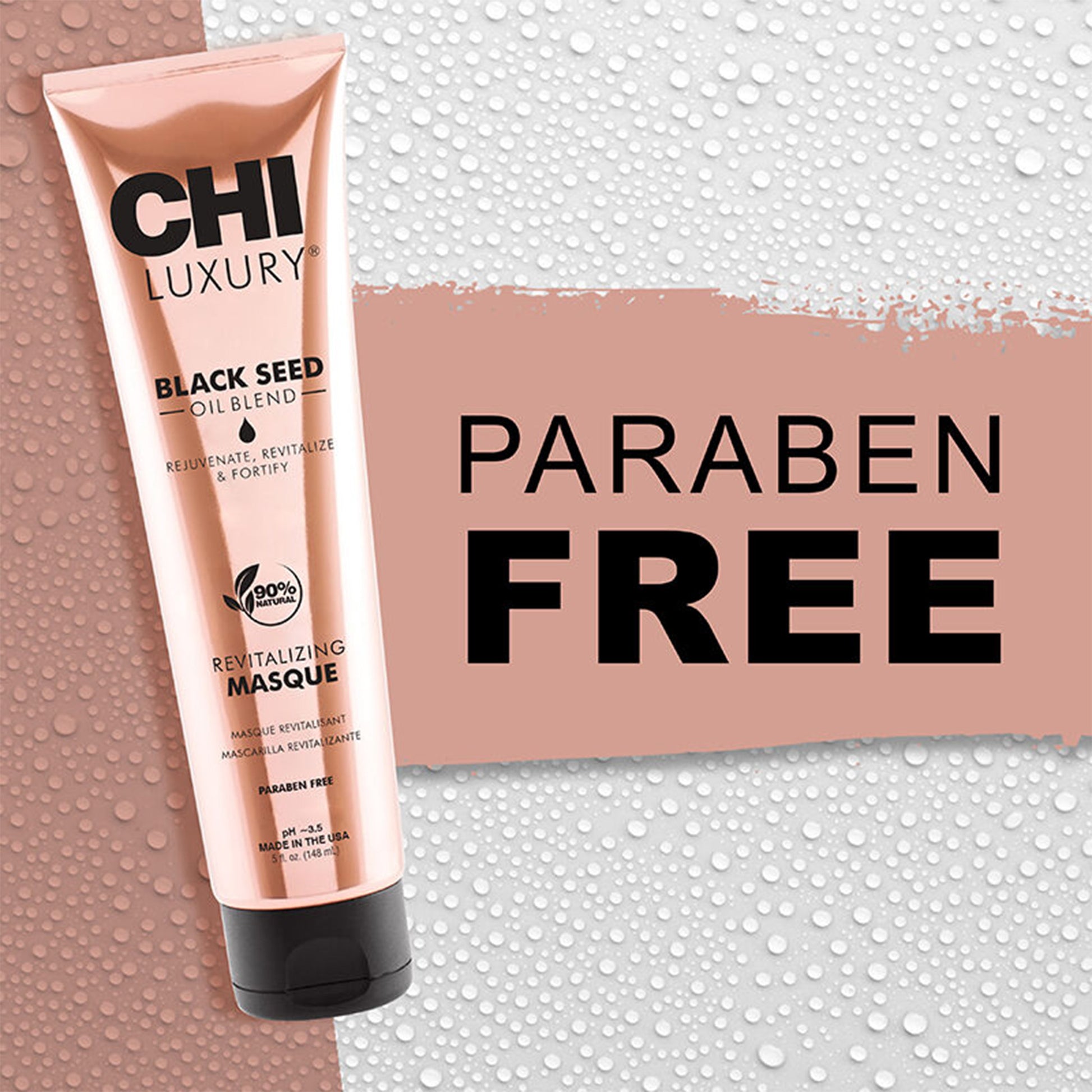 CHI Luxury Black Seed Oil Blend mask tube with 'Paraben Free' text on a textured background
