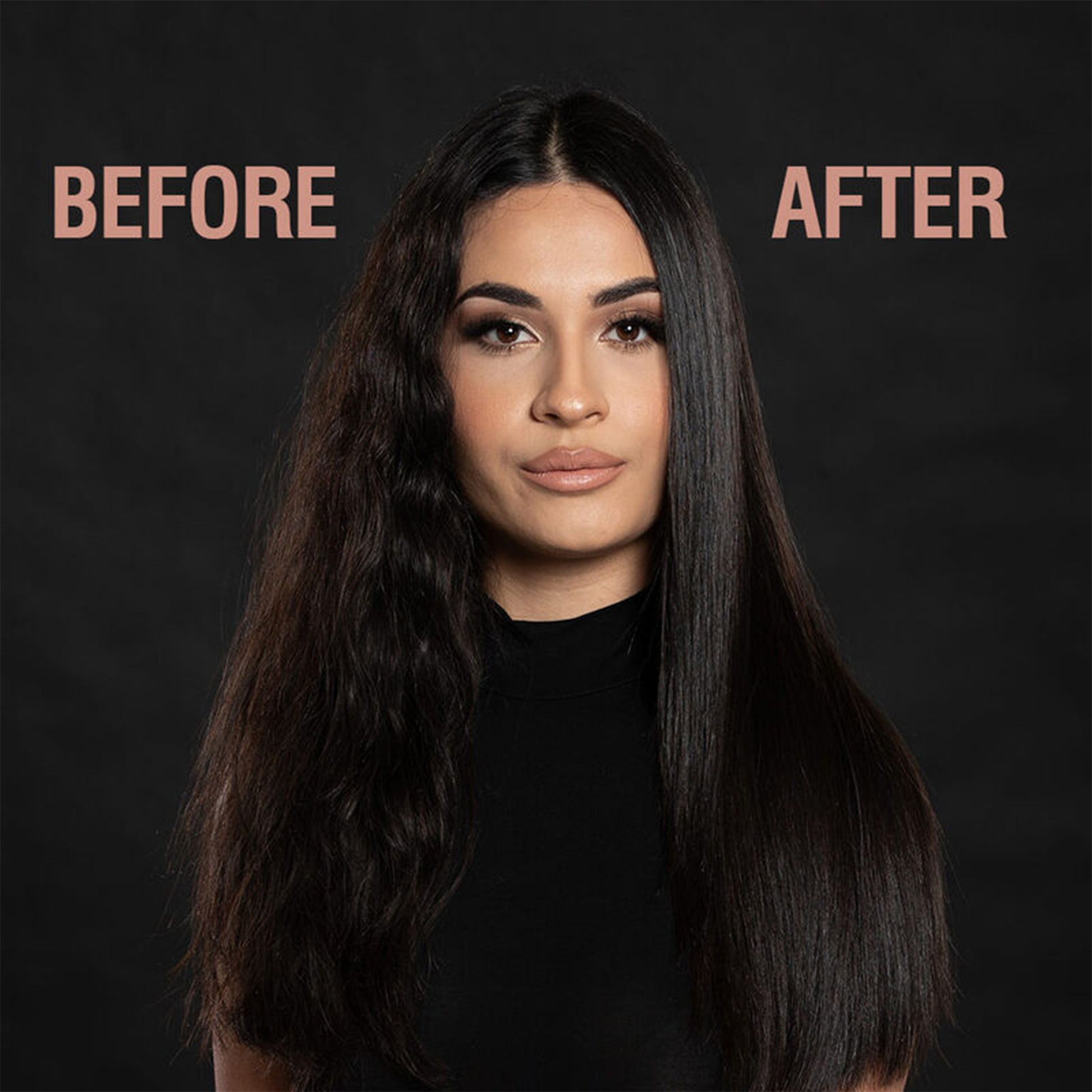 Before and after comparison of a woman with long hair on a black background.