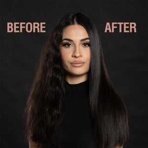 Before and after comparison of a woman with long hair on a black background.