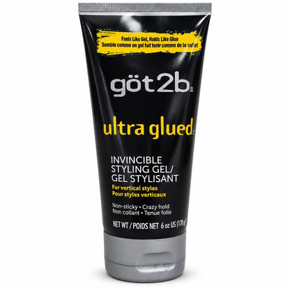 A 6 oz squeeze tube of got2b ultra glued Invincible Styling Gel, featuring a black body with yellow and white text, on a clean white background.