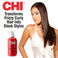 Advertisement for CHI hair product showing a bottle and a woman with straight hair.
