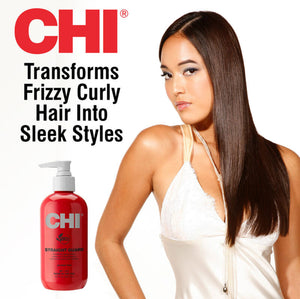 Advertisement for CHI hair product showing a bottle and a woman with straight hair.