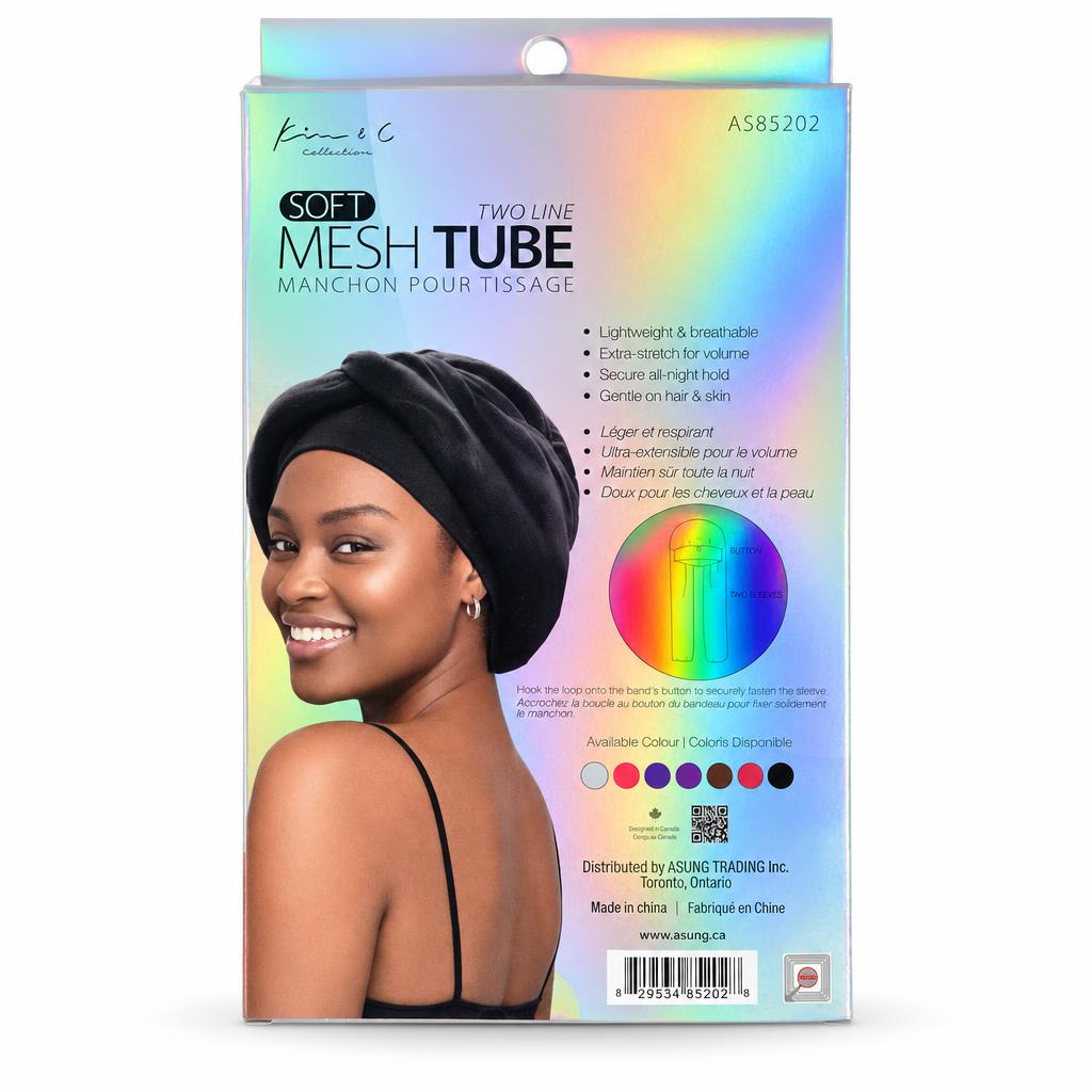 A boxed hair extension product labeled 'Soft Mesh Tube' with a holographic pastel background, a photo of a woman wearing the black tube, and a rainbow color indicator circle on the front.