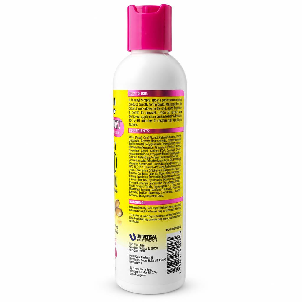 A white plastic bottle of Universal Pets Hair Conditioner with a bright pink cap, showing the back label with yellow, pink, and black text.
