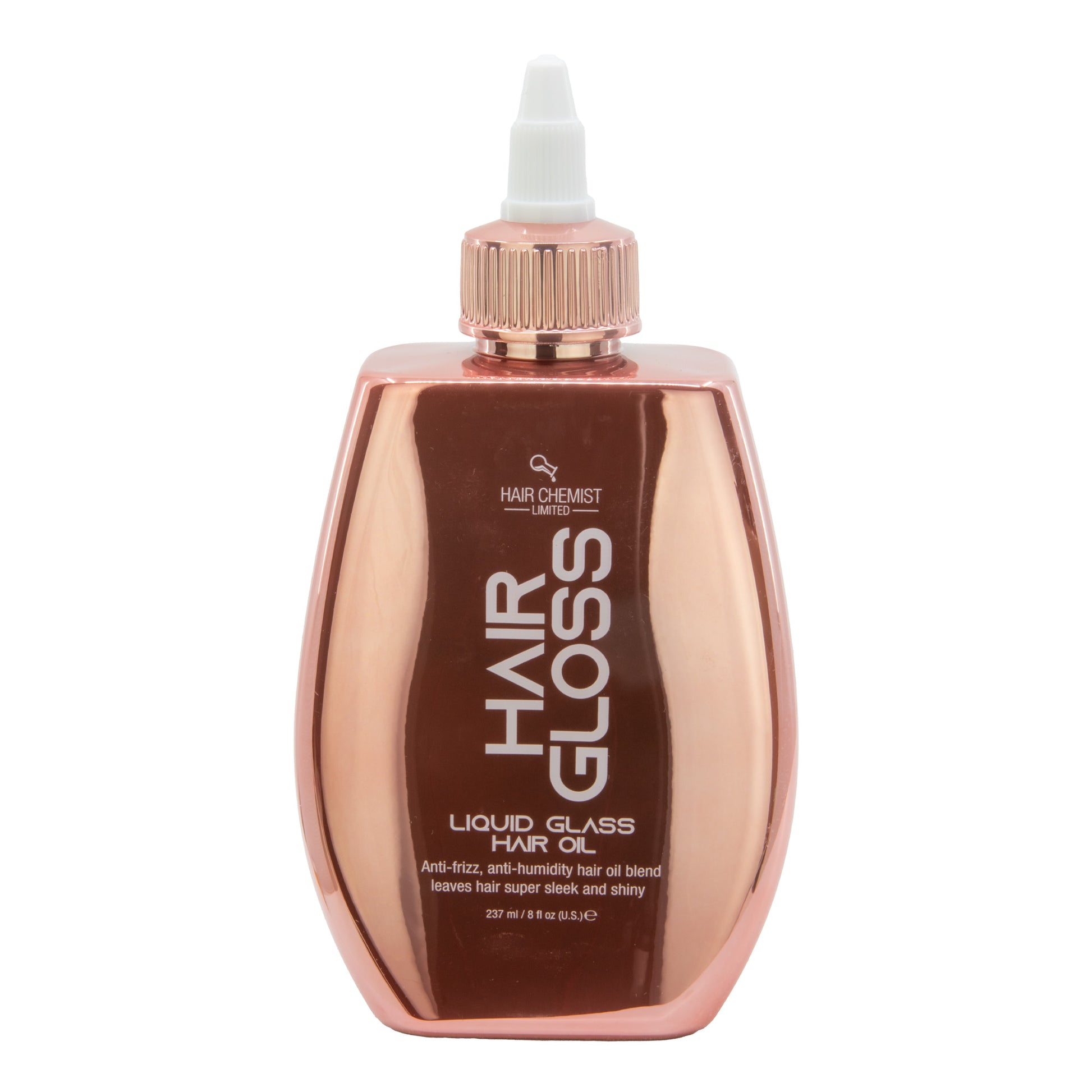 Bottle of Hair Chemist Hair Gloss Liquid Glass Hair Oil on a white background