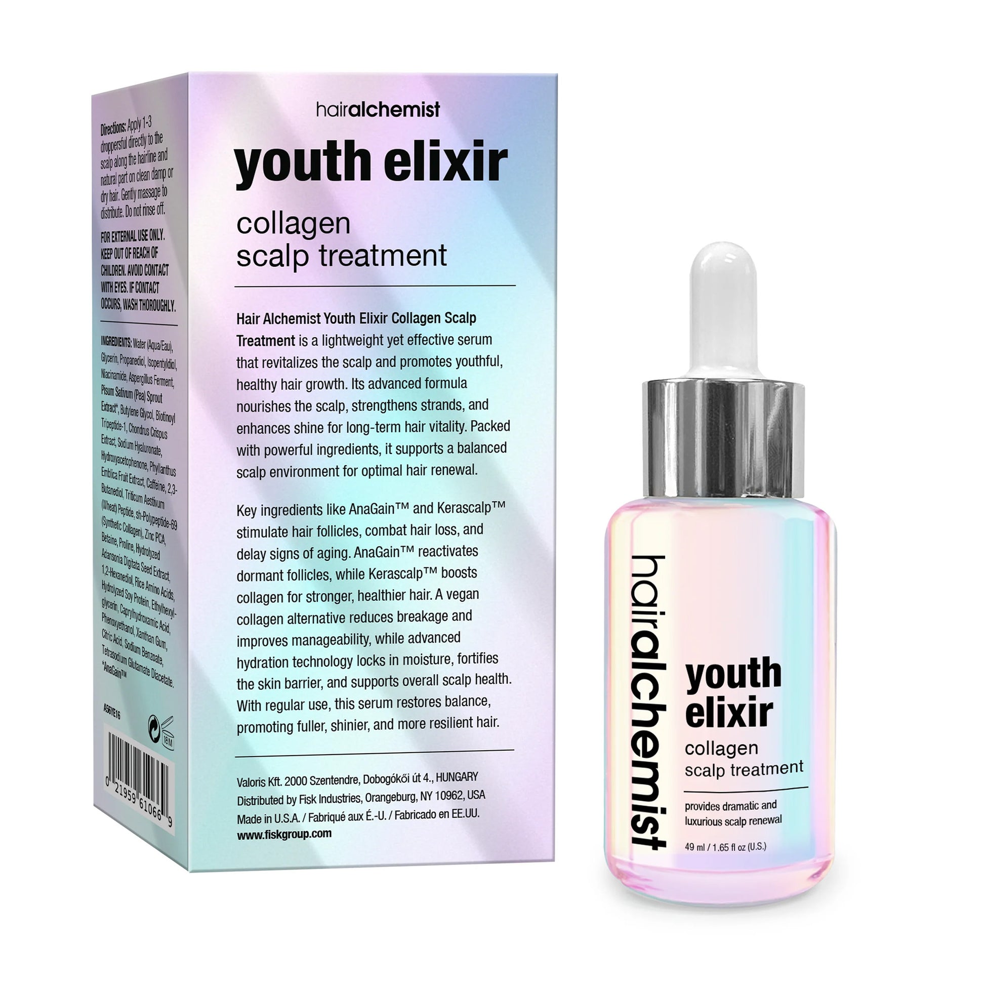 Hair Alchemist youth elixir collagen scalp treatment bottle and packaging on a white background